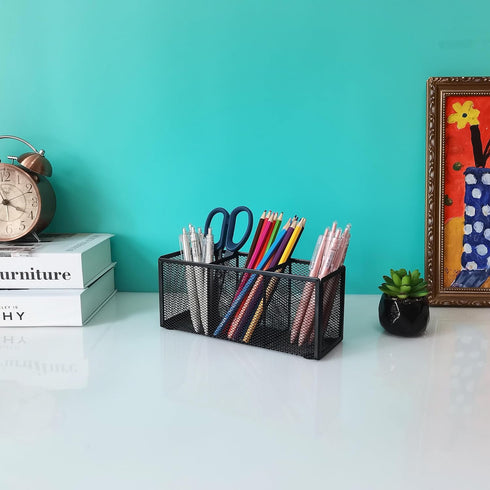 Black Mesh Pencil Holder, 3 Compartments Metal Desk Organizer for Pens, Kitchen Utensils, Small Office Supplies