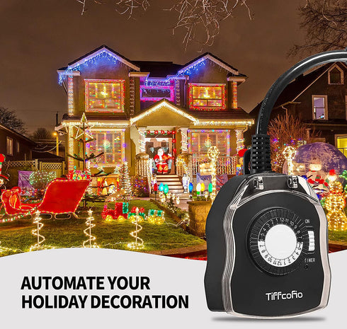 Outdoor Timer Outlet, 24 Hour Mechanical Timer for Pool Pump, Outdoor Light Timer Waterproof with 2 Grounded Outlets