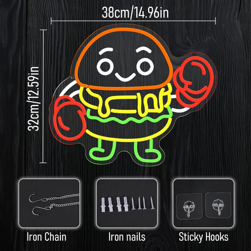 Dimmable Snack(12.6 14.96In) Boxing Hamburger Neon Sign Food Burger Neon Light Hamburg Boxing Led Light Sign for Wall