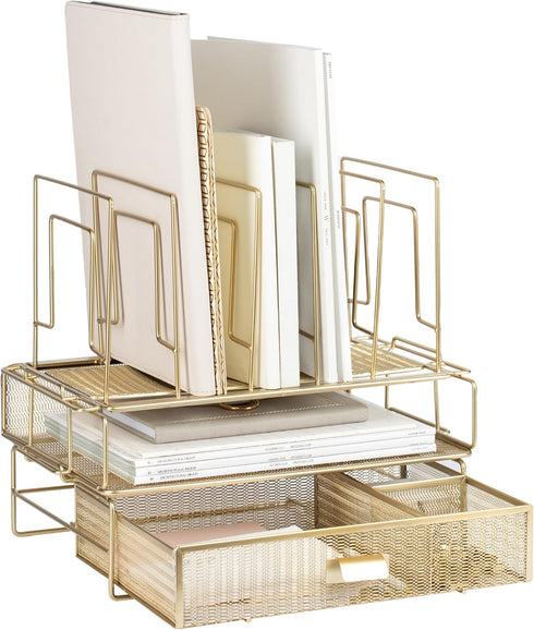 Gold Desk Organizer, Gold Office Accessories Set for Women, Includes Detachable File Organizer, Stackable Paper Tray,
