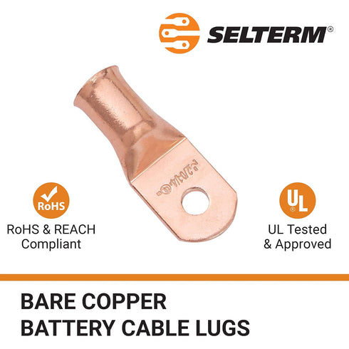 SELTERM 15pcs 2/0 AWG 1/4" Stud Battery Terminal Connectors, UL Heavy Duty Bare Copper Battery Cable Lugs