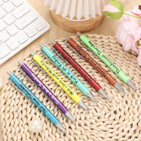 Sherr 7 Pcs Christmas Weekday Pens, Glitter Funny Ballpoint Pens with 10 Black Ink Refills, Rainbow Week Gifts