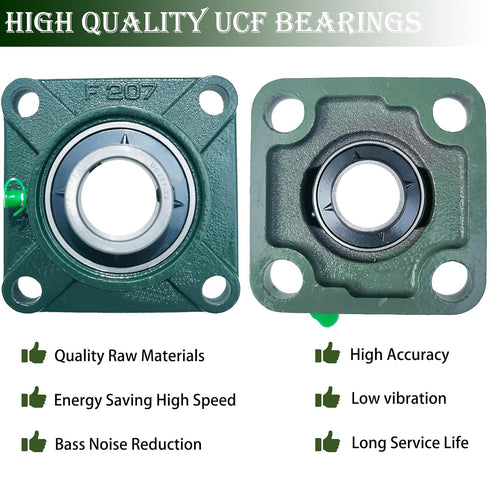 2 Pack UCF207-22 Pillow Block Bearing, Square Flange 4 Bolt Mounted, 1-3/8" Bore, Solid Cast Iron Base