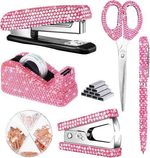 Demissle 6 Pcs Bling Office Desk Accessories Set, Crystal School Stationery Kit, Pink