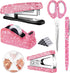 Demissle 6 Pcs Bling Office Desk Accessories Set, Crystal School Stationery Kit, Pink