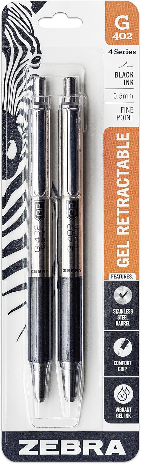 Zebra Pen G-402 Gel Pens 2-Pack, Black Ink, 0.5mm Fine Point, Stainless Steel Barrel, Comfortable Grip