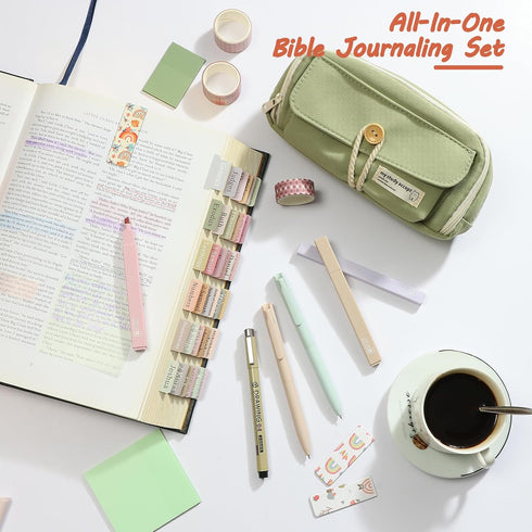 Bible Journaling Kit, Highlighters and Pens No Bleed, Laminated Tabs, Sticky Notes, Pencil Case, Study Supplies