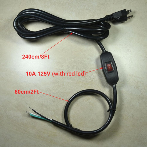 10FT 18 Gauge 3 Prong AC Power Cord - Cable with ON/OFF Switch, NEMA 5-15 Plug SJTW 18AWG 10A125VAC
