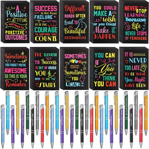 Sabary 100 Pcs Inspirational Notepads, Mini Motivational Pocket Notebooks, Ballpoint Pens Sets for School Office