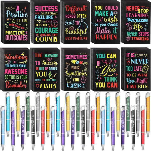 Sabary 100 Pcs Inspirational Notepads, Mini Motivational Pocket Notebooks, Ballpoint Pens Sets for School Office