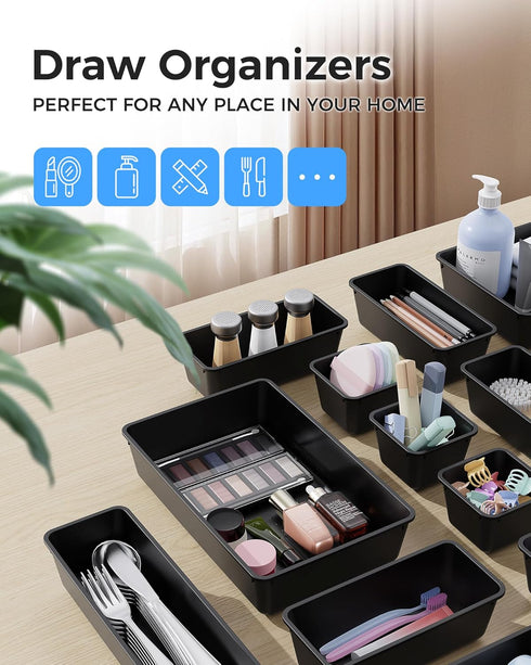 BiuLeon 25 Set, 4-Sizes PCS Plastic Drawer Organizers Vanity and Makeup Organizer, Desk and bathroom Drawer Organizer