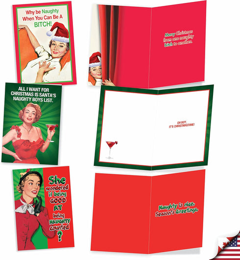 NobleWorks Variety Pack of 10 Christmas Greeting Cards with Envelopes, Adult Cartoon Humor Holiday Assortment - Naughty