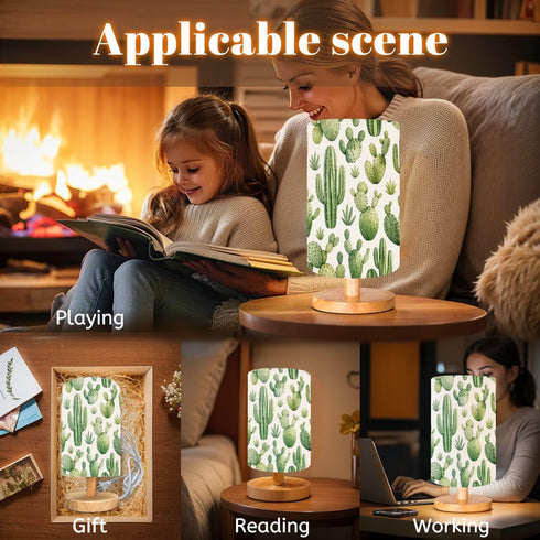 BVCAHSAW Seamless Set Dimmable Bedside Table Lamp Watercolor Hand Exotic Cactus Tropic Succulents Desk Lamp with Flaxen