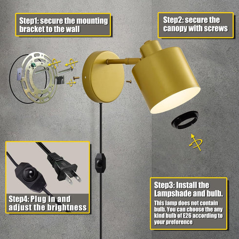 Dimmable 350 Stairway((Bulb Lightess Plug in Wall Sconce with Switch, Wall Lamp Plug in Rotatable, Gold Wall Mounted