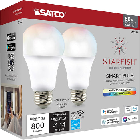 S11253 9.5-Watt A19 Bulb, 2700K-5000K, 800 2-Pack Satco Starfish WiFi Smart LED Color-Changing Light Works with Siri