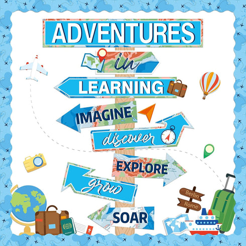 Travel The Map Bulletin Board Cutouts, Let The Adventure Begin, Motivational Sign for Kids, Blue Classroom Decor