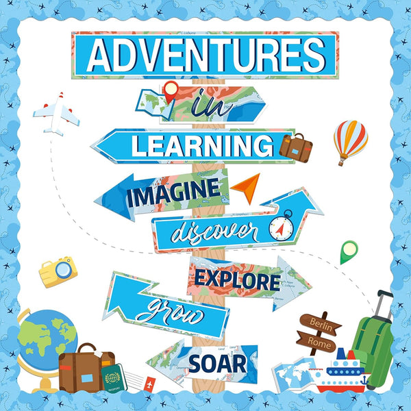 Travel The Map Bulletin Board Cutouts, Let The Adventure Begin, Motivational Sign for Kids, Blue Classroom Decor
