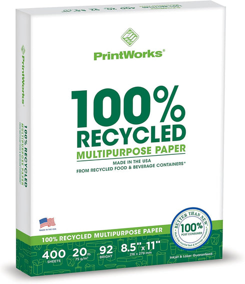 Printworks 100% Recycled Multipurpose Paper, 20 lb, 92 Bright, 8.5 x 11", White, 6 Reams (2400 sheets)
