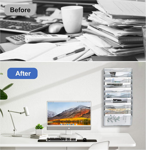 EasyPAG Mesh Wall File Holder, 10 Pockets Vertical Office Hanging File Organizer, Silver Magazine Rack for Documents