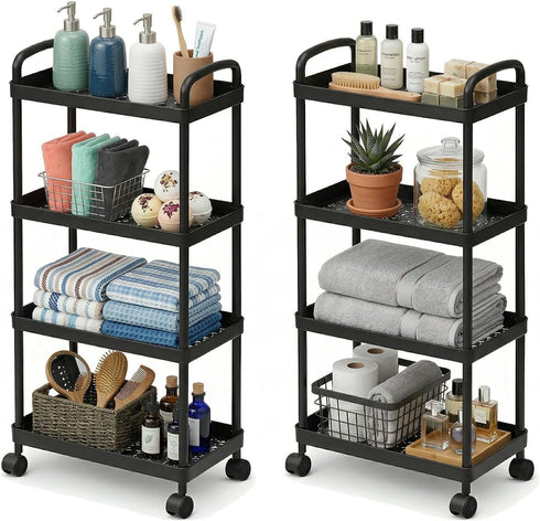 4-Tier Rolling Utility Cart with Handle Multi-Functional Storage Trolley with Wheels, Movable