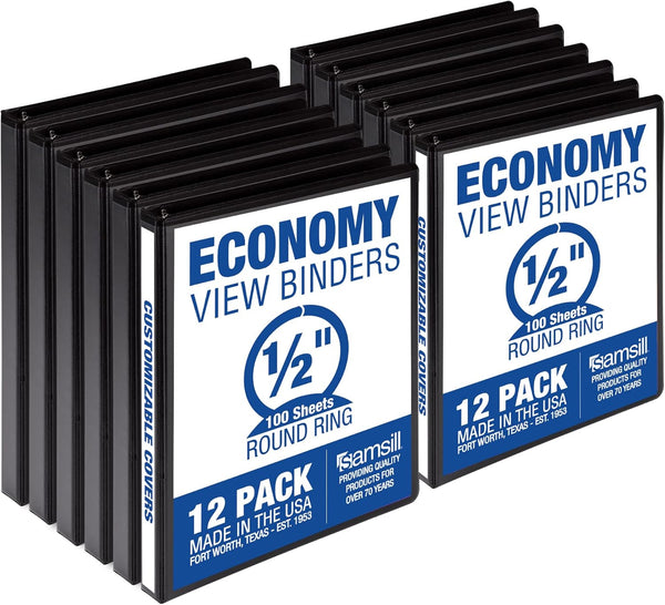 Samsill Economy 0.5 Inch 3 Ring Binder, Customizable Clear View, Black, 12 Pack, Made in USA