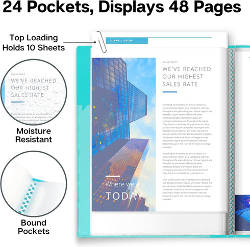 Dunwell 9x12 Presentation Binder with Clear Plastic Sleeves (Aqua), 24 Pockets for 9 x 12 or A4 Size Documents