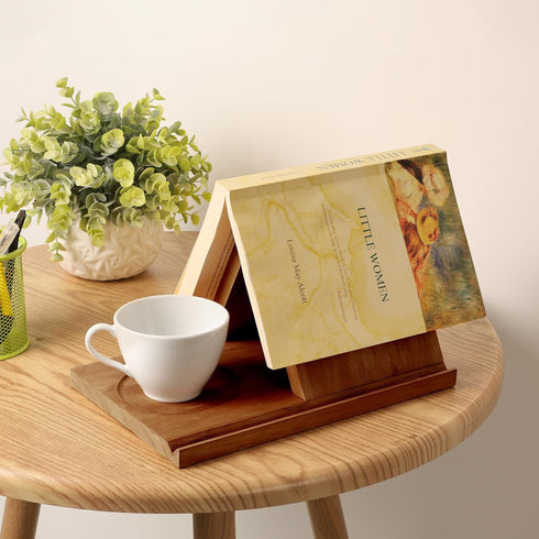 LITIVY Wooden Triangle Bookmark, Small Bookshelf with Drink Holder, Wood Book Reading Rest with Slotted, Book Corner