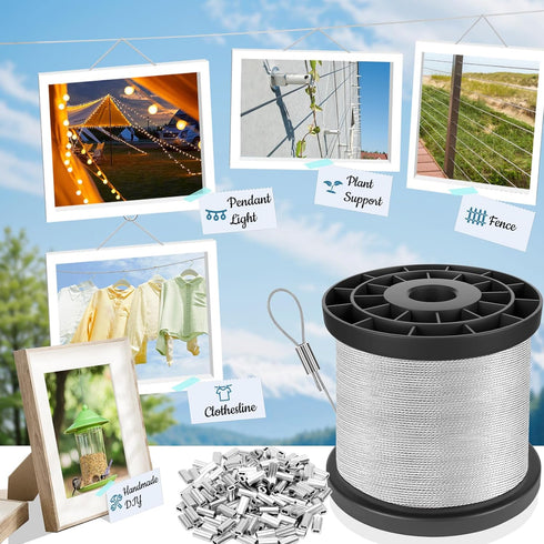 316 400FT 1/32IN 100Pcs Stainless Steel Cable, Wire Rope with Aluminum Sleeves Stops, for String Lights Hanging