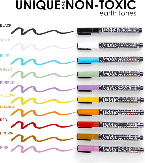 Loddie Doddie Fine Liquid Chalk Markers, 10 Count Erasable, Low-Odor Chalkboard Pens in Earth Tones