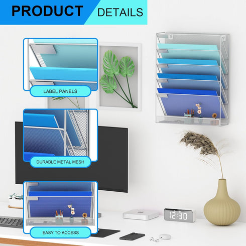 Wall File Organizer Holder, Mesh Hanging Paper Document Holder, Vertical 6 Pocket Tier