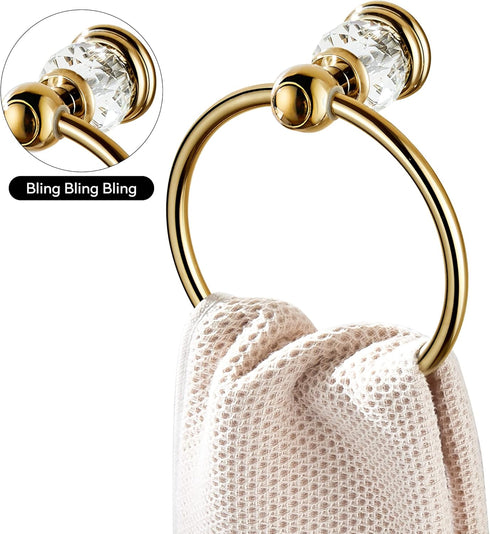 WINCASE Crystal Towel Ring, Gold Towel Holders for Bathrooms, Round Hand Towel Rack, Wall Mounted