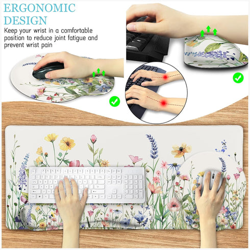 Flower Mouse Pad Set, Large Desk Mat for Desktop, Ergonomic Mouse Pad with Wrist Rest, Gaming Mouse Pad Wrist Support,