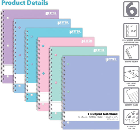 Better Office Products Spiral Notebooks, 6 Pack, 1 Subject, 70 Sheets, 10.5 x 8 inches, Assorted Pastel Colors