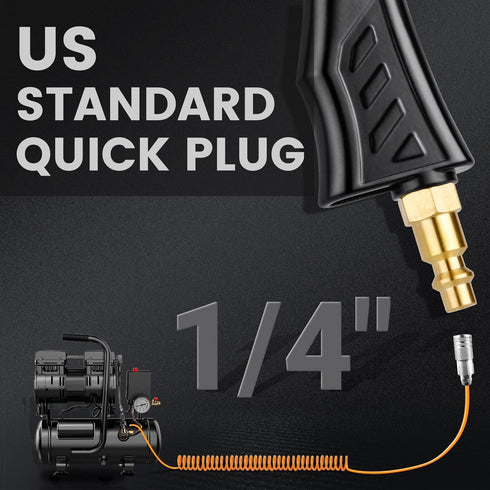Industrial Air Blow Gun with Adjustable Brass Nozzle, 2 Pcs Steel Extensions & 1/4" NPT Quick Plug, Pneumatic Tool