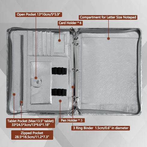 Glossy Silver Eco-Friendly Leather A4 Portfolio, Zipper, 5 Card Slots, 1 iPad and 1 Cell Phone Pockets, 3 Ring Binder