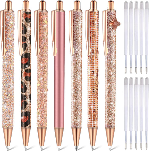 Sherr 7 Pcs Cute Fancy Pens for Women, Sparkly Glitter Pens, 10 Pcs Black Ink Refills, Pretty Gifts for Girls, Office,