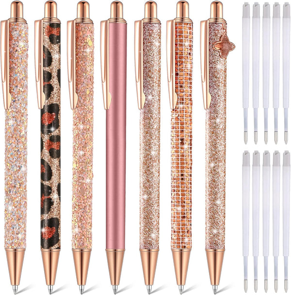 Sherr 7 Pcs Cute Fancy Pens for Women, Sparkly Glitter Pens, 10 Pcs Black Ink Refills, Pretty Gifts for Girls, Office,