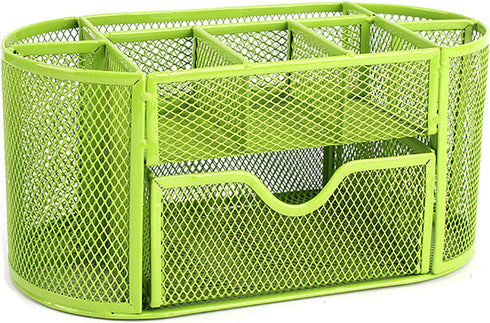 VANRA Metal Mesh Desk Supply Caddy, Desktop Office Supplies Organizer, 8 Compartments with Drawer (Green)