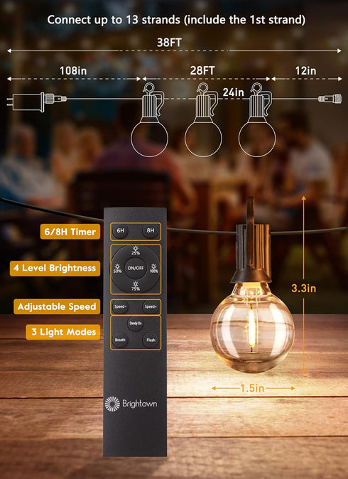38Ft(28+10) 17 Bulbs(2 E12 Brightown Led String Lights Outdoor with Remote Hooks and Clips, Patio String Lights
