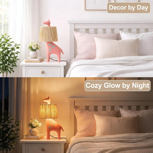 13.7 Inch LED Giraffe Table Lamp, Resin Animal Desk Lamp with Handcrafted Raffia Shade, Unique Decorative Light, Cute