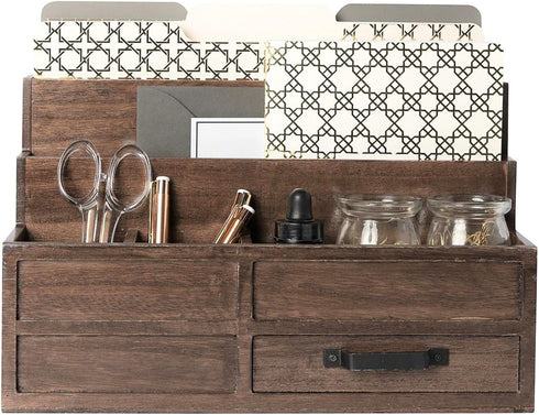 BLU MONACO Brown Wood Mail Organizer with Drawer and Pen Holder, Desk Sorter for Bills and Kitchen Storage