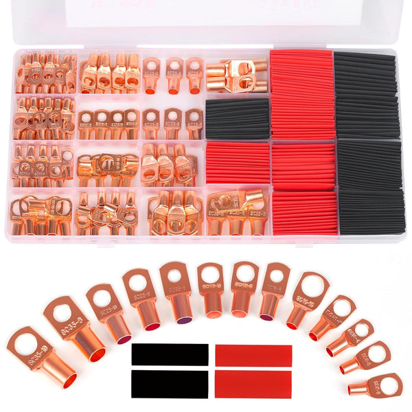 Copper Wire Lugs, Terminal Connectors for AWG12-2 Cable, 120Pcs Battery Cable Lugs Ends and Heat Shrink Tubing