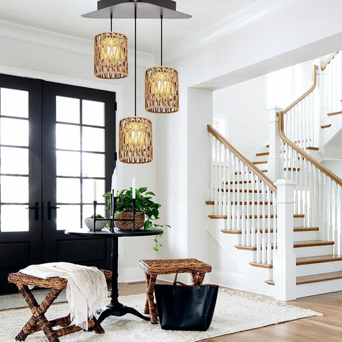 WKWKTOTO 4 Pack E26 Boho Lamp Shade for Base, Handwoven Natural Rattan lamp shade, Boho Pendant Light Shades for Living