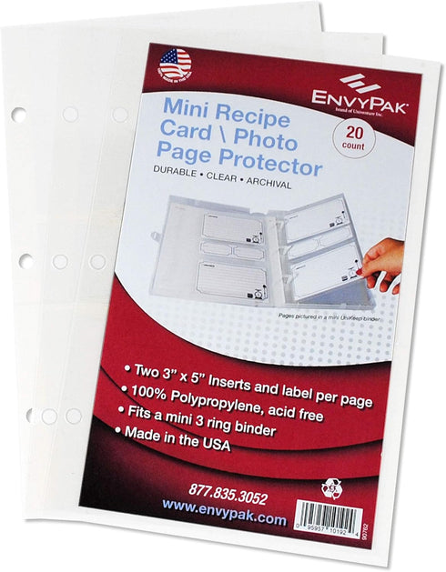 Mini Recipe Card/Photo Page Protector - 3 x 5 Sheet, 3 Hole Punched - Pack of 20