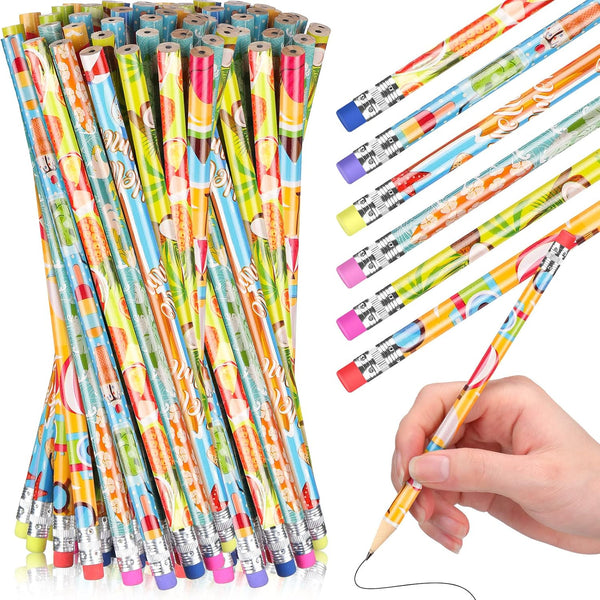 Fainne 144 Pcs Beach Themed Pencils, Assorted Colorful Fun Wooden Pencils with Eraser for Kids Summer Rewards