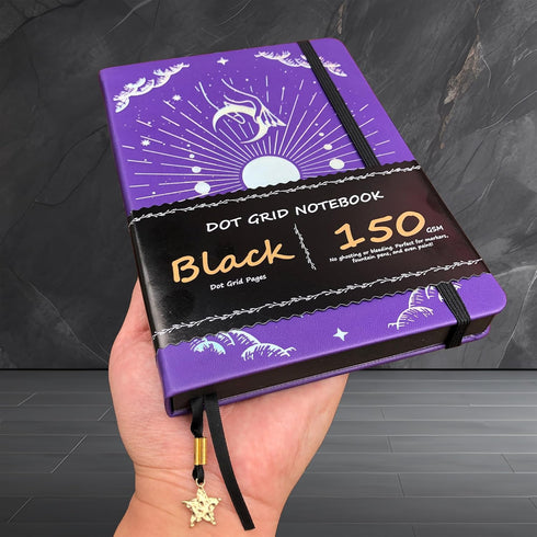 BUKE Dotted Journal, 150gsm Black Paper, 5 * 5mm DOT GRID Layout, 160 Pages, A5 PU Leather Hardcover (Purple)
