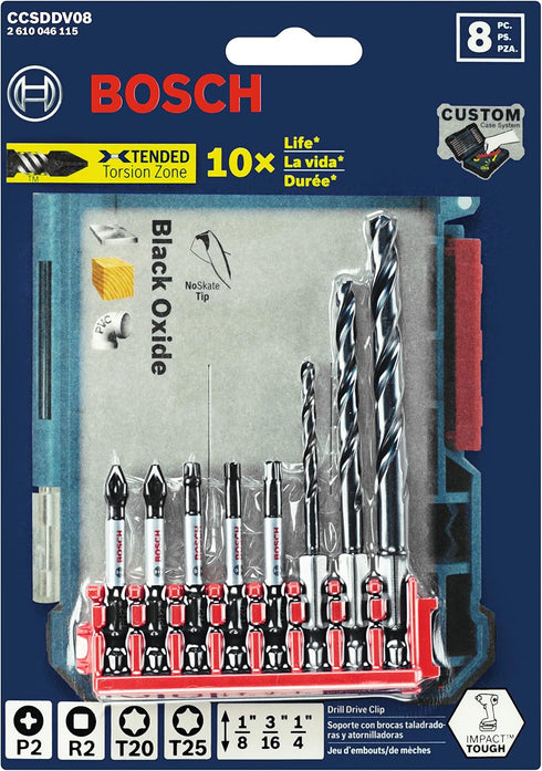 BOSCH CCSDDV08 8-Piece Assorted Set Impact Tough Black Oxide Drill Bits