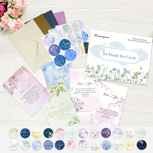 Hunanyume 24 Pack 4x6 Inch Unique Funeral Thank You Cards with Envelopes & Stickers - Watercolor Floral Butterflies