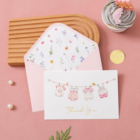 50 Pack Crisky Pink Baby Shower Thank You Cards with Envelopes & Stickers, Baby Girl Thank You Cards Bulk