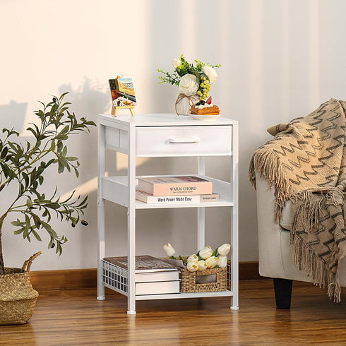Lerliuo White Printer Stand with Fabric Drawer, 3 Tier Industrial Side Table, Modern Small Desk Holder
